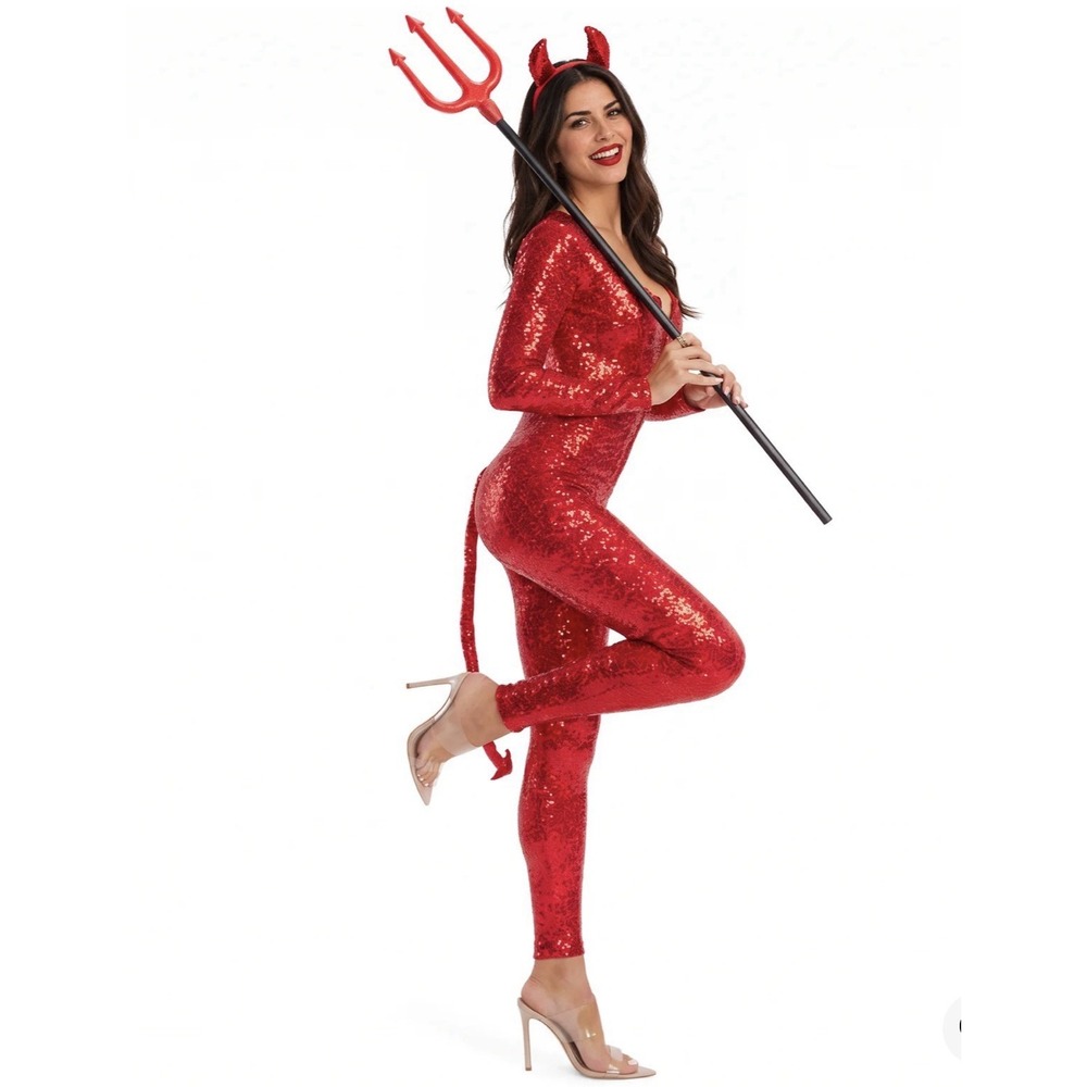 Tipsy Elves Sequin Devil Costume Bodysuit Womens Medium Red Halloween Party